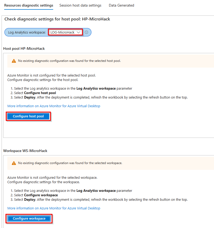 This image shows the AVD Insights configuration workbook with the resource diagnostics settings