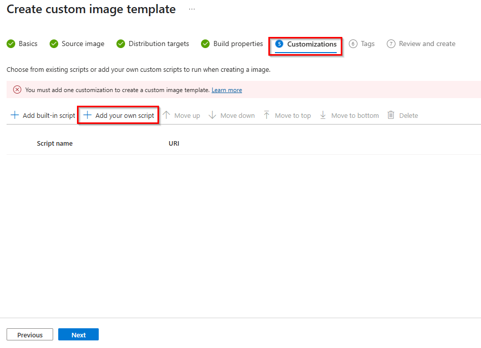 Image shows how to add custom script to the custom image template.