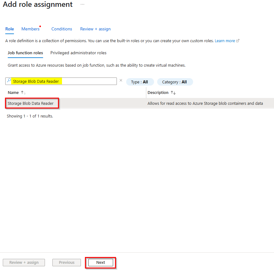 Images shows the selection of the storage blob data reader role. 